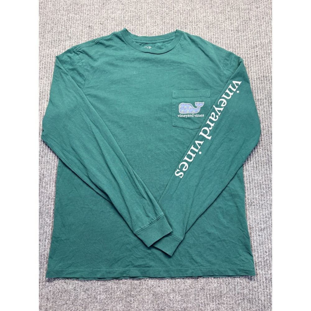 Vineyard Vines Mens Small Green Christmas Jeep Whale Long Sleeve Pocket T-Shirt